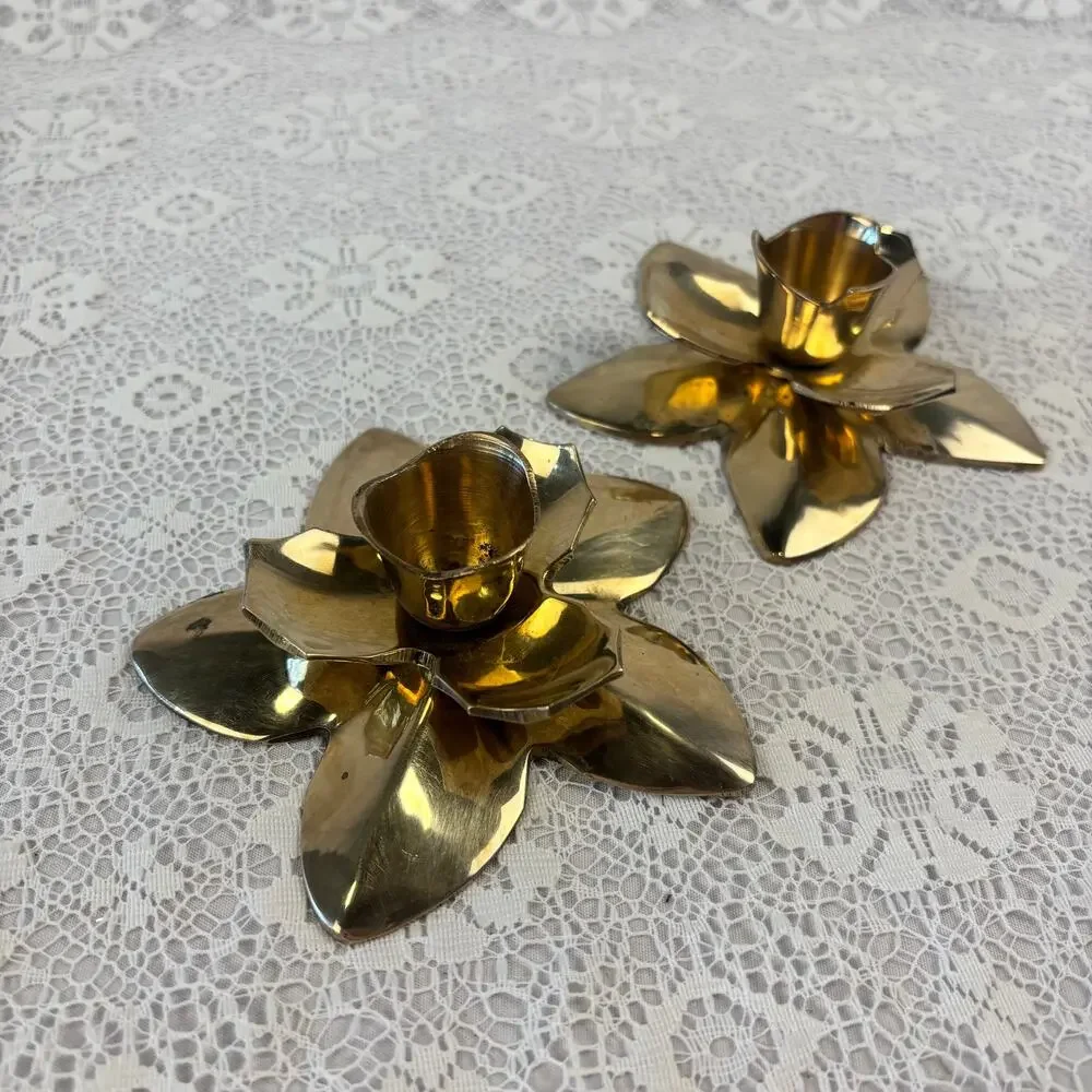 Vintage Brass Lotus Flower Taper Candle Holders Pair Made in India